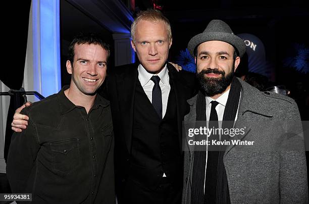 Actors Lucas Black, Paul Bettany and writer/director/executive producer Scott Stewart pose at the afterparty for the premiere of Screen Gems'...