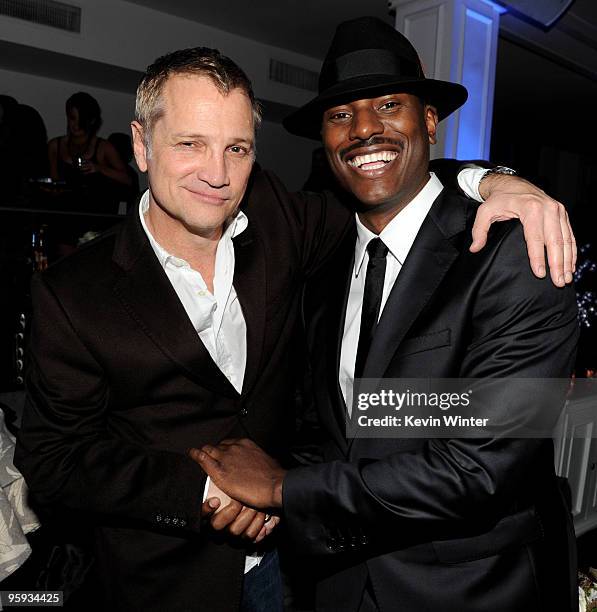 Screen Gem's president Clint Culpepper and actor Tyrese Gibson pose at the afterparty for the premiere of Screen Gems' "Legion" at Boulevard 3 on...