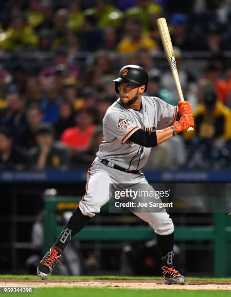 Gregor Blanco of the San Francisco Giants bats during the game against the Pittsburgh Pirates at PNC Park on May 12, 2018 in Pittsburgh, Pennsylvania.