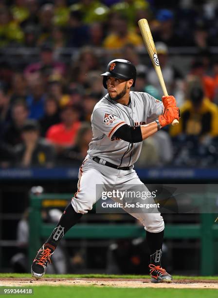 Gregor Blanco of the San Francisco Giants bats during the game against the Pittsburgh Pirates at PNC Park on May 12, 2018 in Pittsburgh, Pennsylvania.