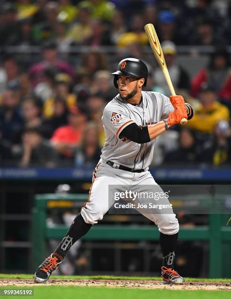 Gregor Blanco of the San Francisco Giants bats during the game against the Pittsburgh Pirates at PNC Park on May 12, 2018 in Pittsburgh, Pennsylvania.