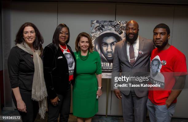Sybrina Fulton, Leader Nancy Pelosi Tracy Martin and Jahavaris Fulton attends the Trayvon Martin: Rest In Power screening on May 16, 2018 in...