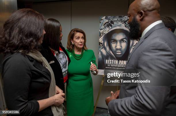 Sybrina Fulton, Leader Nancy Pelosi and Tracy Martin attends the Trayvon Martin: Rest In Power screening on May 16, 2018 in Washington, DC.