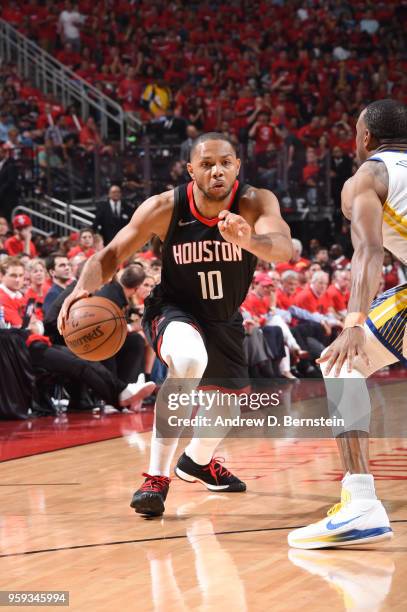 Eric Gordon of the Houston Rockets handles the ball against the Golden State Warriors during Game Two of the Western Conference Finals of the 2018...