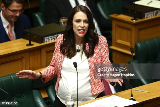 Prime Minister Jacinda Ardern speaks during the 2018 budget presentation at Parliament on May 17, 2018 in Wellington, New Zealand. Grant Robertson...