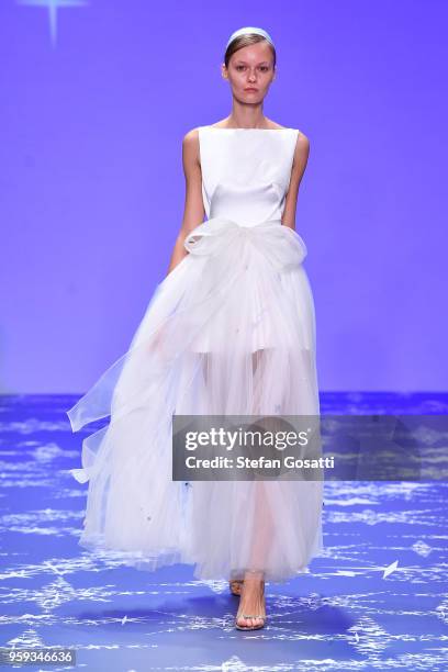 Model walks the runway during the Leo & Lin show at Mercedes-Benz Fashion Week Resort 19 Collections at Carriageworks on May 17, 2018 in Sydney,...