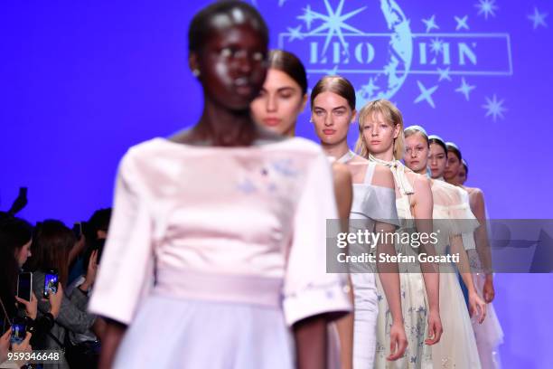 Models walk the runway during the Leo & Lin show at Mercedes-Benz Fashion Week Resort 19 Collections at Carriageworks on May 17, 2018 in Sydney,...