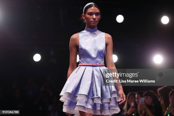 Model walks the runway during the Leo & Lin show at Mercedes-Benz Fashion Week Resort 19 Collections at Carriageworks on May 17, 2018 in Sydney,...