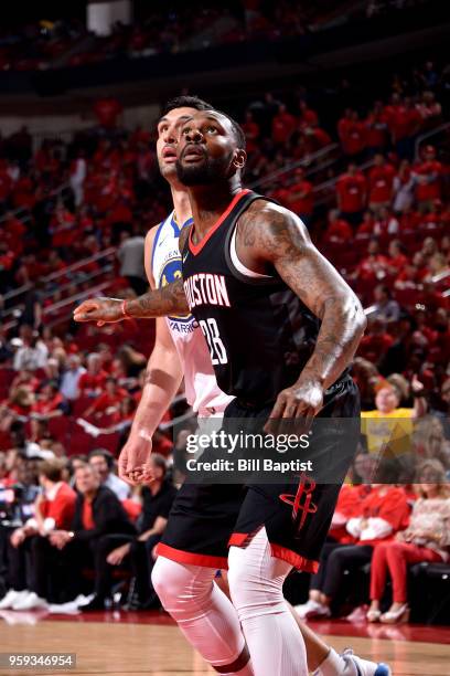 Tarik Black of the Houston Rockets boxes out against the Golden State Warriors in Game Two of the Western Conference Finals of the 2018 NBA Playoffs...