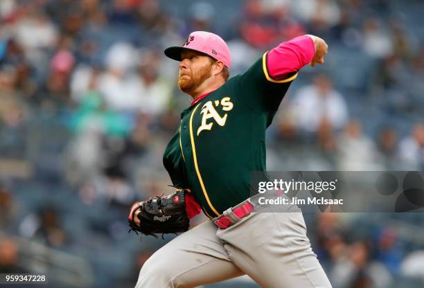 Brett Anderson of the Oakland Athletics in action against the New York Yankees at Yankee Stadium on May 13, 2018 in the Bronx borough of New York...