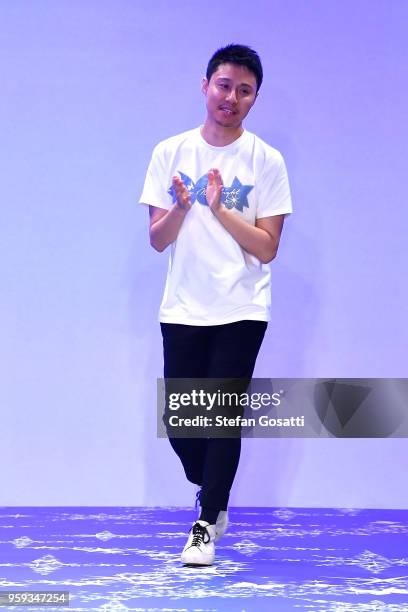 Leo Lin thanks the audience following the Leo & Lin show at Mercedes-Benz Fashion Week Resort 19 Collections at Carriageworks on May 17, 2018 in...