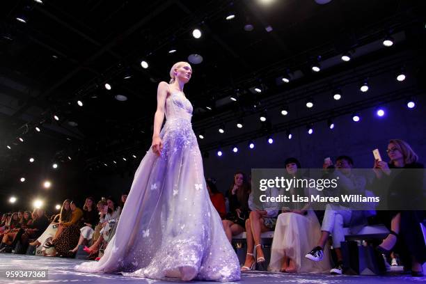 Model walks the runway during the Leo & Lin show at Mercedes-Benz Fashion Week Resort 19 Collections at Carriageworks on May 17, 2018 in Sydney,...