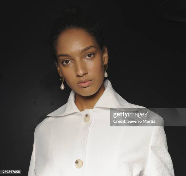 Model poses backstage ahead of the Anna Quan how at Mercedes-Benz Fashion Week Resort 19 Collections at Carriageworks on May 14, 2018 in Sydney,...