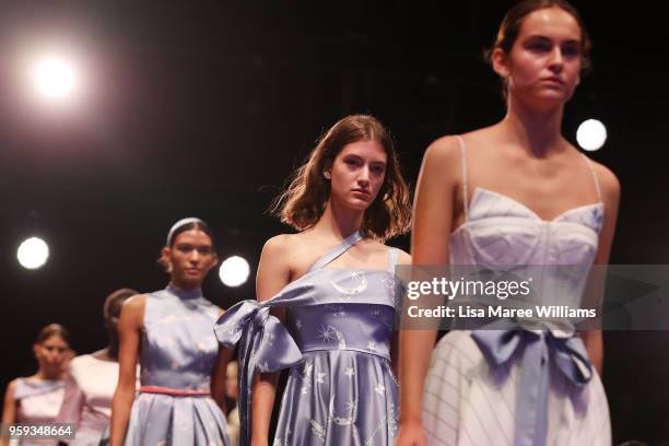 Models walk the runway during the Leo & Lin show at Mercedes-Benz Fashion Week Resort 19 Collections at Carriageworks on May 17, 2018 in Sydney,...