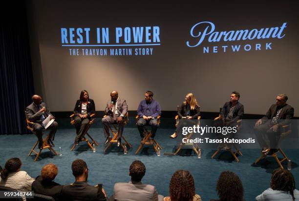 Derrick McGinty, Sybrina Fulton, Tracy Martin, Jenner Furst, Julia Nason, Mike Gasparro and Kevin Kay speak after the Trayvon Martin: Rest In Power...