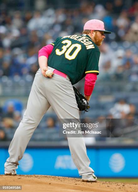 Brett Anderson of the Oakland Athletics in action against the New York Yankees at Yankee Stadium on May 13, 2018 in the Bronx borough of New York...