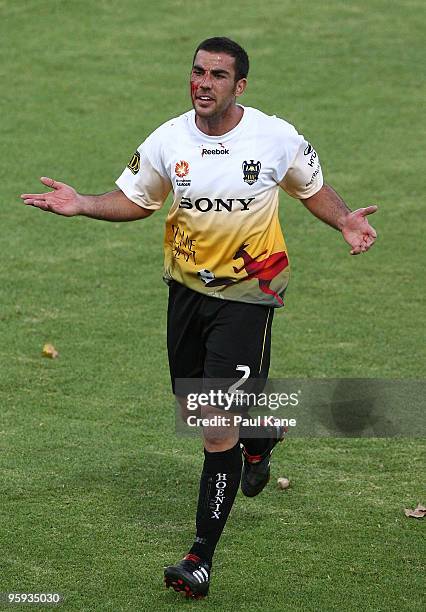 Emmanuel Muscat of the Phoenix gestures to the bench during the round 24 A-League match between the Perth Glory and the Wellington Phoenix at ME Bank...