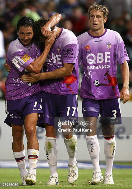 Jacob Burns of the Glory congratulates Todd Howarth after scoring the second goal during the round 24 A-League match between the Perth Glory and the...