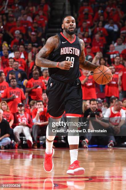 Tarik Black of the Houston Rockets handles the ball against the Golden State Warriors during Game Two of the Western Conference Finals of the 2018...