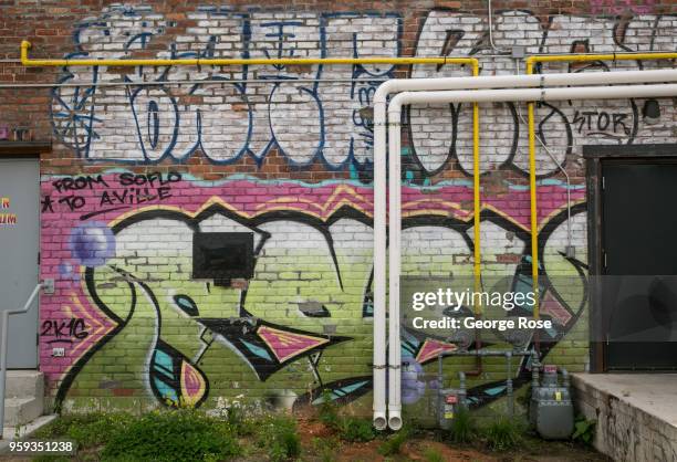 Wall mural in the Arts District is viewed on May 11, 2018 in Asheville, North Carolina. Located in the Blue Ridge mountains of Appalachia, Asheville,...