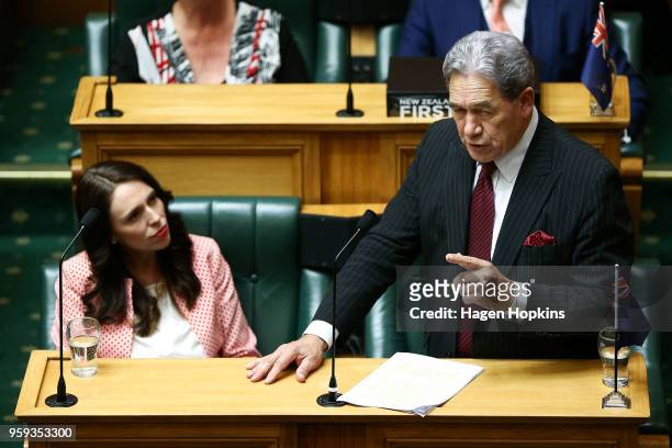 Prime Minister Jacinda Ardern looks on while Deputy Prime Minister Winston Peters speaks during the 2018 budget presentation at Parliament on May 17,...