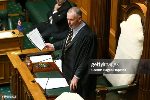 Speaker of the House Trevor Mallard speaks to National MP Gerry Brownlee during the 2018 budget presentation at Parliament on May 17, 2018 in...