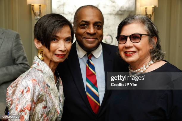 Jeffrey Banks, Josie Natori, Suzanne Slesin attend the launch of Joseph Cicio's new book "Friends* *Bearing Gifts" at The Lowell Hotel on May 16,...