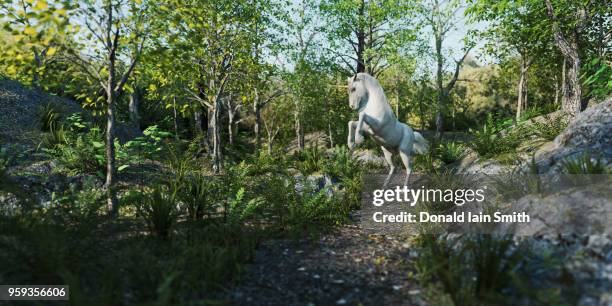 unicorn in a forest - rearing up fotografías e imágenes de stock