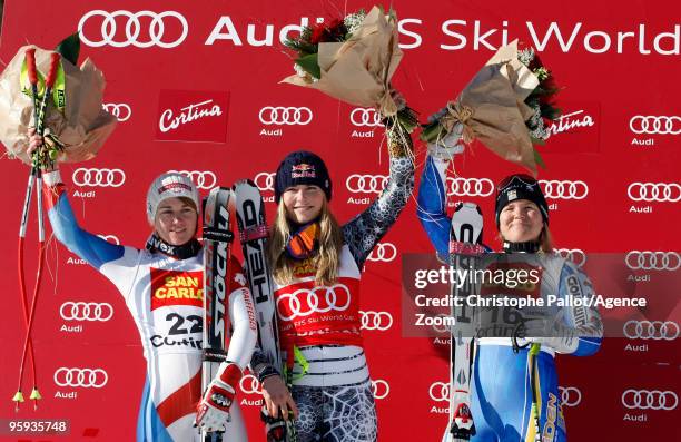 Lindsey Vonn of the USA takes 1st place, Fabienne Suter of Switzerland takes 2nd place, Anja Paerson of Sweden takes 3rd place during the Audi FIS...