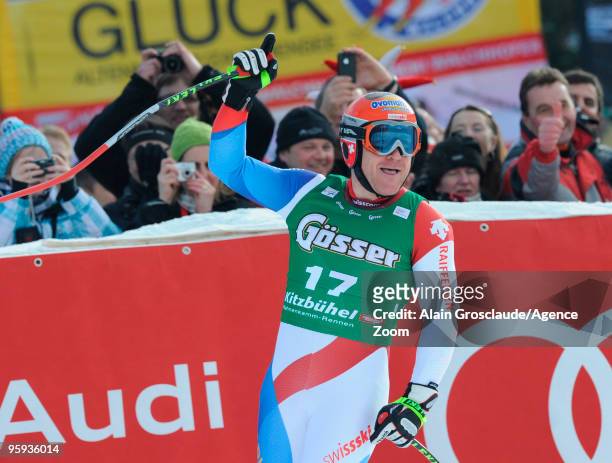 Didier Cuche of Switzerland takes 1st place place during the Audi FIS Alpine Ski World Cup Mens Super G on January 22, 2010 in Kitzbuehel, Austria.