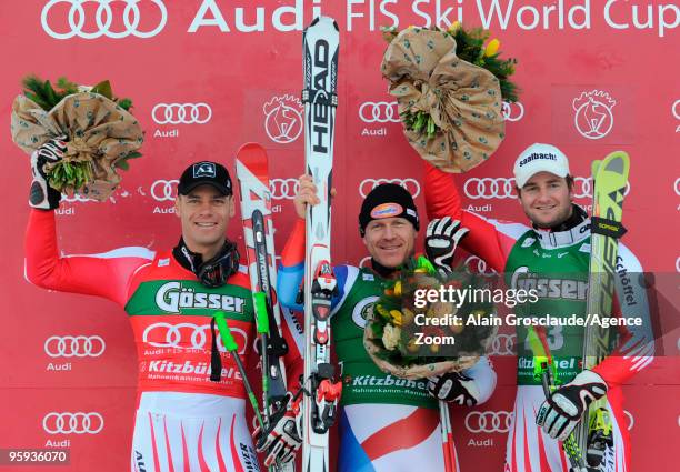Michael Walchofer / Didier Cuche / Georg Streitberger during the podium of the Audi FIS Alpine Ski World Cup Mens Super G on January 22, 2010 in...