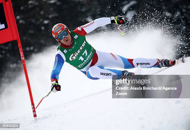 Didier Cuche of Switzerland takes 1st place during the Audi FIS Alpine Ski World Cup Mens Super G on January 22, 2010 in Kitzbuehel, Austria.