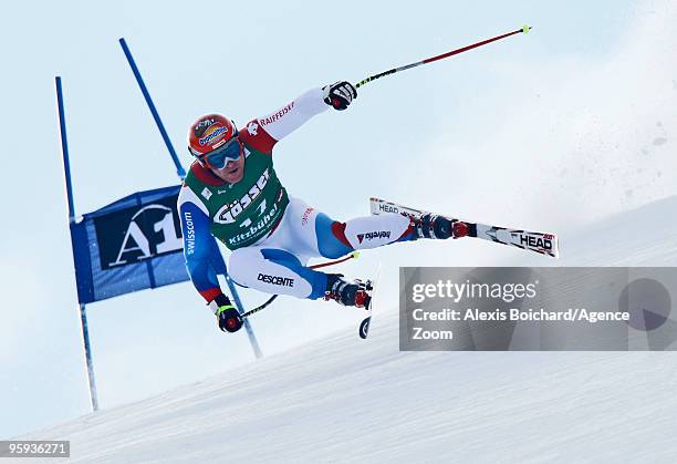 Didier Cuche of Switzerland takes 1st place during the Audi FIS Alpine Ski World Cup Mens Super G on January 22, 2010 in Kitzbuehel, Austria.