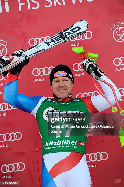 Didier Cuche of Switzerland takes 1st place place during the Audi FIS Alpine Ski World Cup Mens Super G on January 22, 2010 in Kitzbuehel, Austria.