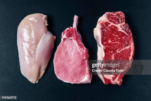 raw meat (chicken breast, pork chop, and beef steak) - raw chicken 個照片及圖片檔