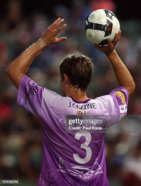 Jamie Coyne of the Glory throws the ball in during the round 24 A-League match between the Perth Glory and the Wellington Phoenix at ME Bank Stadium...