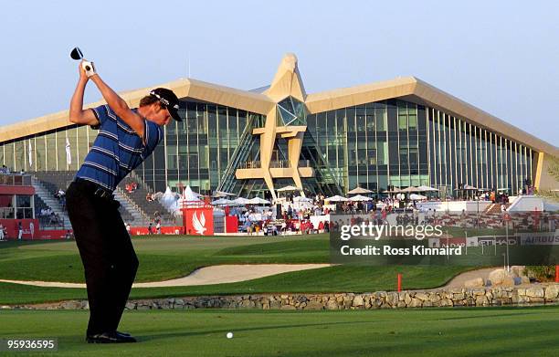 Chris Wood of England on the par five 18th hole during the second round of the Abu Dhabi Golf Championship at the Abu Dhabi Golf Club on January 22,...