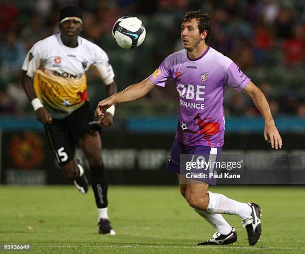 Naum Sekulovski of the Glory traps the ball during the round 24 A-League match between the Perth Glory and the Wellington Phoenix at ME Bank Stadium...