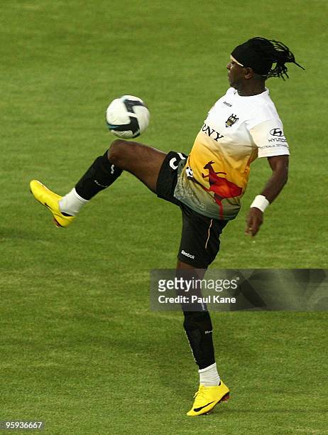 Eugene Dadi of the Phoenix traps the ball during the round 24 A-League match between the Perth Glory and the Wellington Phoenix at ME Bank Stadium on...