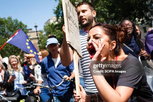 Demonstrator on Whitehall shouts towards Downing Street during the pro-EU "March for Europe", tens of thousands strong, nine days after the deeply...