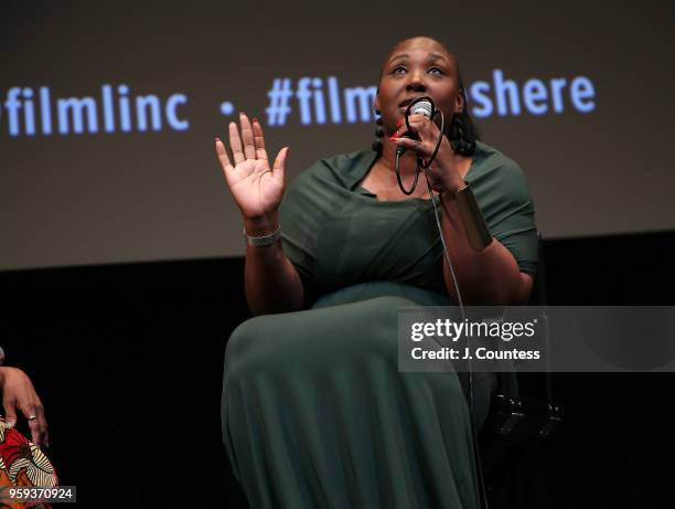 Director Apolline Traor speaks at the opening night of the 25th African Film Festival at Walter Reade Theater on May 16, 2018 in New York City.