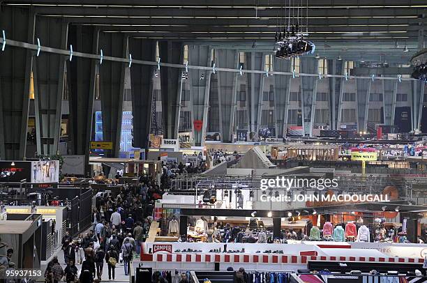 Stands are built around the steel pillars holding up Tempelhof airport's giant hangar during the Bread and Butter international trade fair for street...