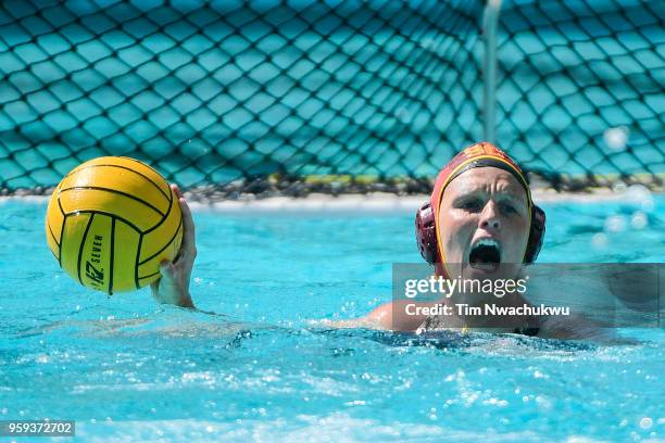 Amanda Longan of the University of Southern California calls to teammates during the Division I Women's Water Polo Championship at the Uytengsu...