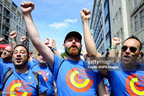 Members of the London Gay Men's Chorus group perform on Portland Place ahead of the 2017 Pride in London Parade through the West End. The event...