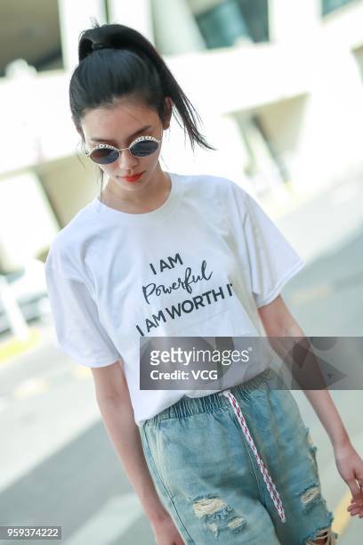Fashion model Ming Xi Mengyao arrives at Shanghai Pudong International Airport after attending the 71st Cannes Film Festival on May 17, 2018 in...