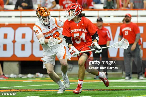 Jeff Teat of the Cornell Big Red dodges to the goal as Andrew Helmer of the Syracuse Orange defends during a 2018 NCAA Division I Men's Lacrosse...