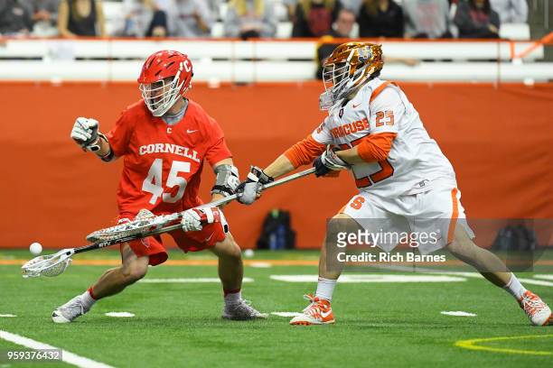Goalie Dom Madonna of the Syracuse Orange checks the ball from the stick of Clarke Petterson of the Cornell Big Red during a 2018 NCAA Division I...