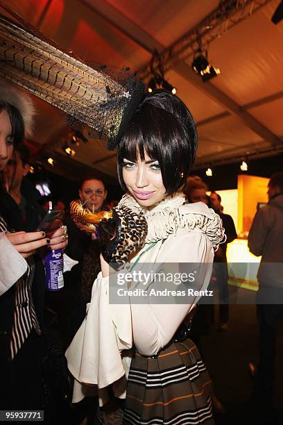 Aura Dione attends the Hausach Couture Fashion Show during the Mercedes-Benz Fashion Week Berlin Autumn/Winter 2010 at the Bebelplatz on January 22,...