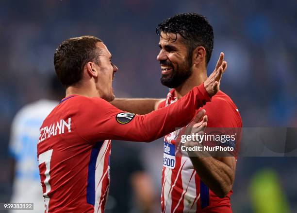 Antoine Griezmann and Diego Costa of Atletico de Madrid celebrates a goal during the UEFA Europa League final match between Atletico de Madrid...