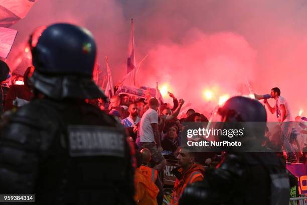 The riot police departments of the French police deployed against the supporters of the Olympique de Marseille during the UEFA Europa League final...